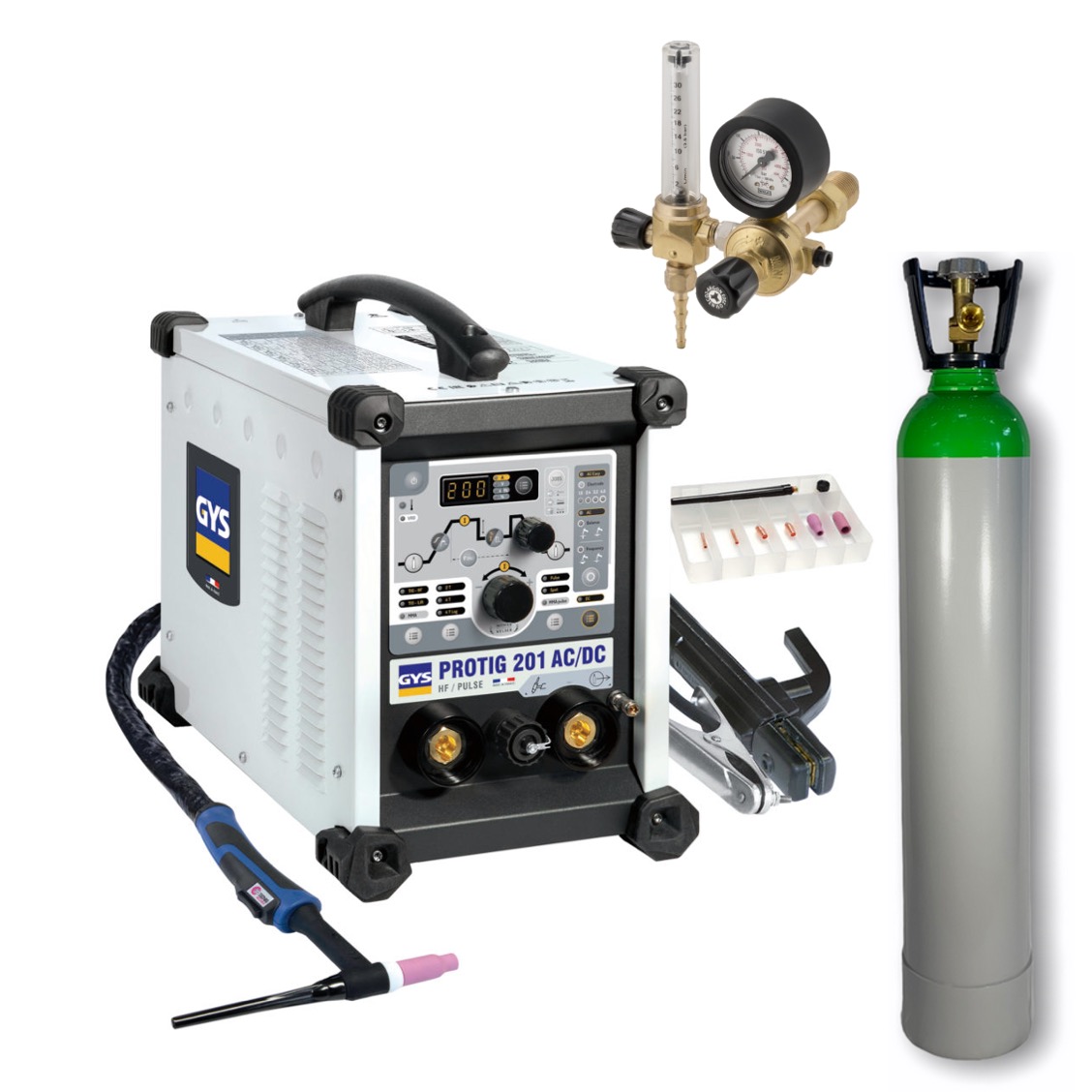 GYS Protig 201 AC/DC HF FV Con Accessori + Bombola Ricaricabile Argon 14 LT + Riduttore di Pressione