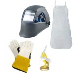 KIT SALDATURA TIG: Maschera + Grembiule in crosta di cuoio + Guanti in pelle + Supporto magnetico porta torcia