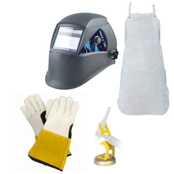 KIT SALDATURA TIG: Maschera + Grembiule in crosta di cuoio + Guanti in pelle + Supporto magnetico porta torcia