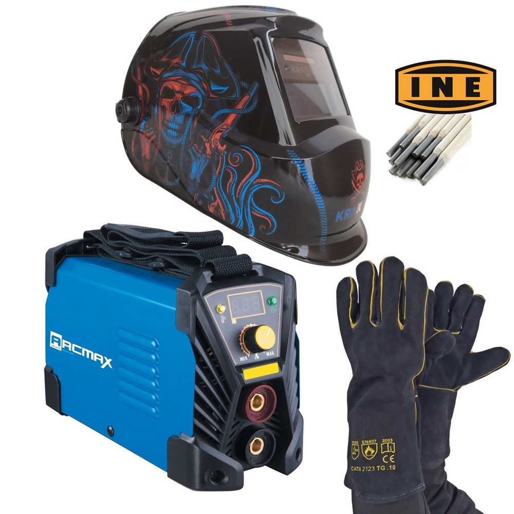 ARCMAX Maxweld 160 + Maschera Auto-Oscurante KRAKEN PRO + Guanti in Crosta + Elettrodi
