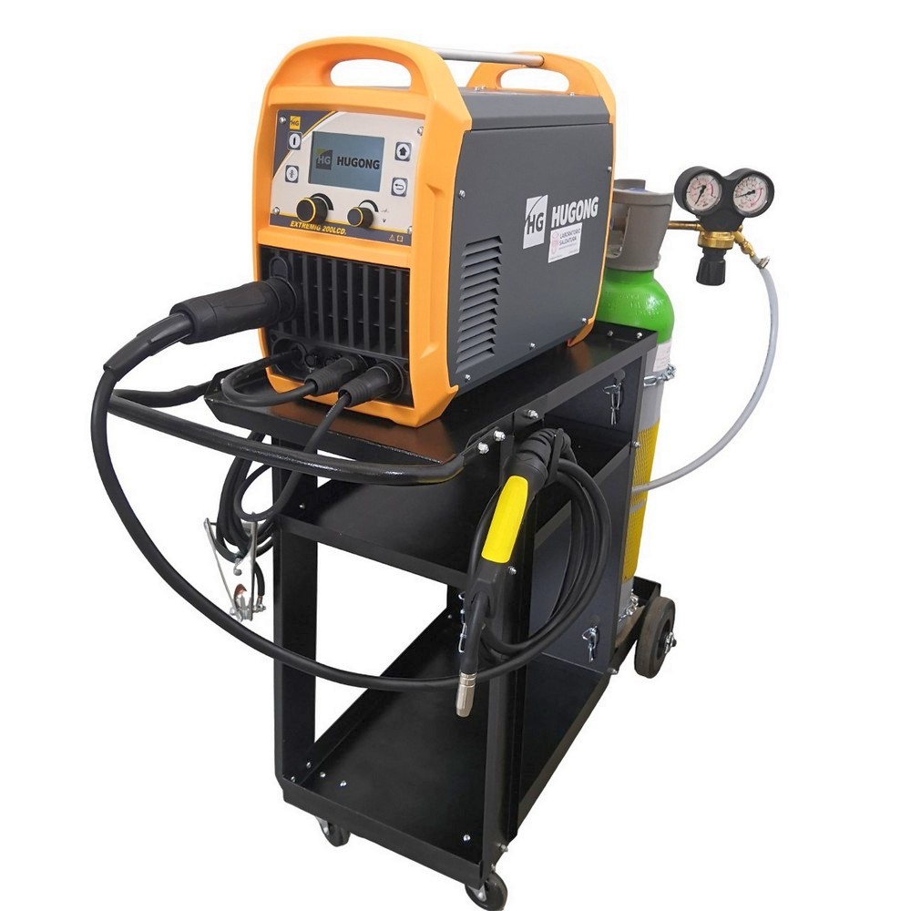 HUGONG Extremig 200 LCD III + CARRELLO + BOMBOLA RICARICABILE Ar/CO2 14L + RIDUTTORE DI PRESSIONE
